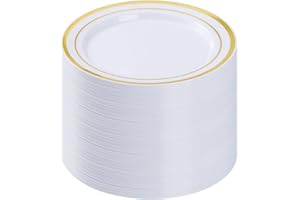 Goodluck 100PCS Gold Plastic Plates, 10.25 Inch Disposable Dinner Plate Party with Gold Rim, Heavy Duty Disposable Plastic Pl