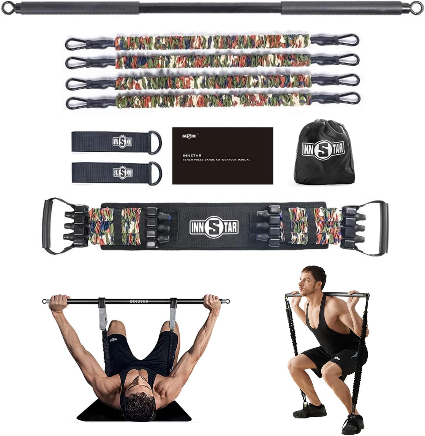 INNSTAR Portable Home Gym Set with Workout Bar, Bench Press Set, Squat Resistance Band, Door Anchor and More-Full Body Workout Equipment to Build Muscle and Shape Body (Camo Green-150lbs)