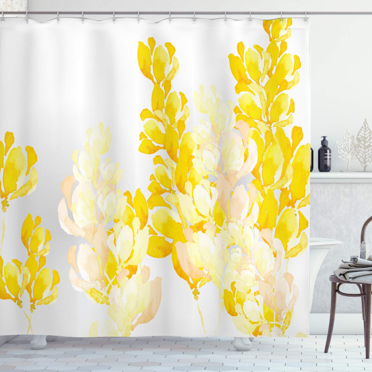 ABAKUHAUS Yellow and White Shower Curtain, Watercolor Art Style Blossoming Wild Flowers Spring Meadow Botany Nature, Cloth Fabric Bathroom Decor Set with Hooks, 94 Inches, Yellow White