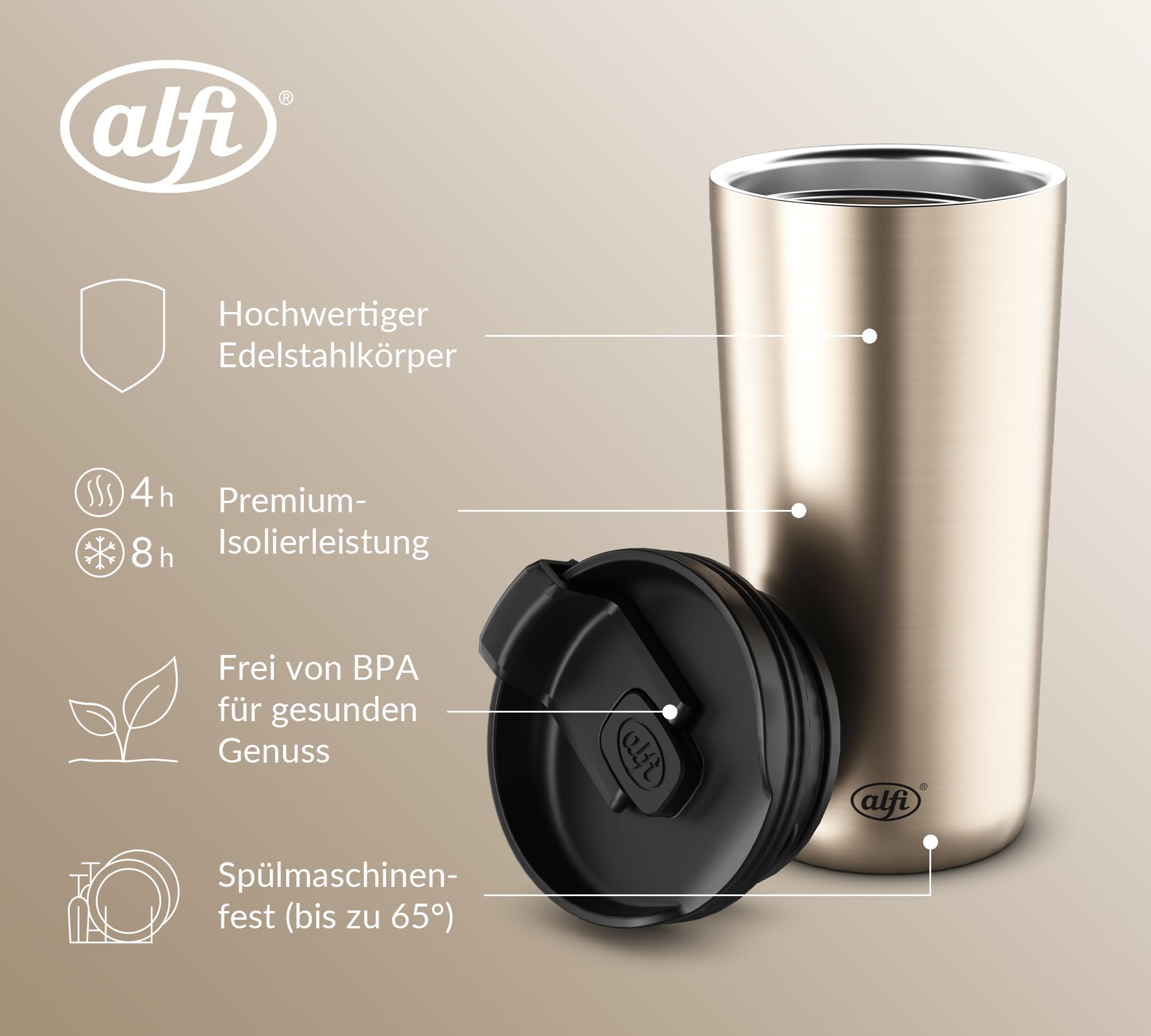 alfi ISO COFFEE MUG, gold champagner, Isolier-Trinkbecher 0,40 l, Kaffeebecher to go, spülmaschinenfest, BPA-frei, hält 4h heiß und 8h kalt, Becher für unterwegs 3