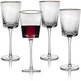 Bec's Designs Gold Rimmed Wine Glasses – Set of 4, 10oz Handblown Hammered Glass, Unique Triangular Shape – Elegant Stemware for Red, White & Champagne