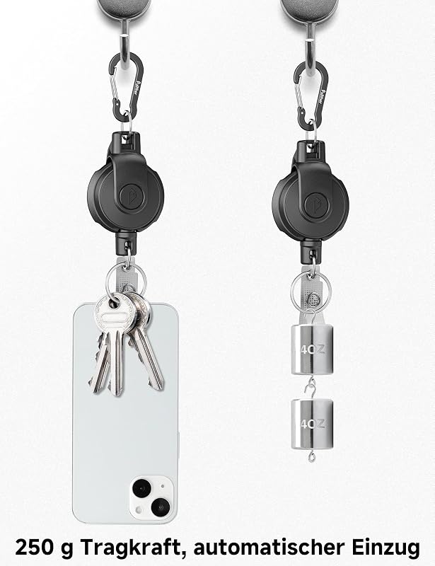 Einziehbarer Schlüsselanhänger - 360° Drehbar, Dauerhaft Ausziehbarer Karabiner-Ausweishalter, Taktische ID-Ausweisrolle mit Ausziehbar, 80cm/31,5 Zoll-Stahlschnur, 250g/8,8 oz - Schwarz