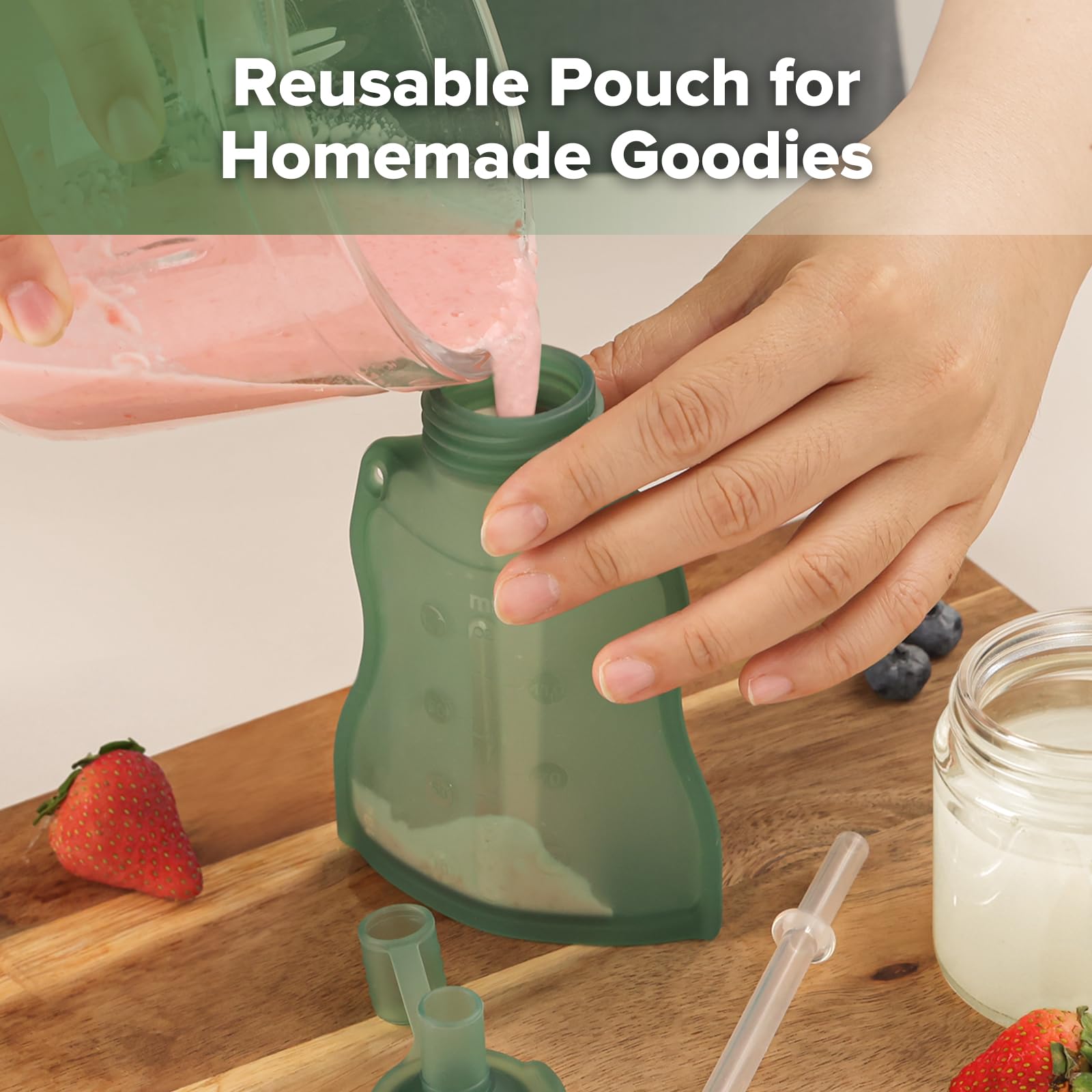haakaa Silicone Refillable Squeezy Baby Food Yummy Pouch Homemade Organic Food for Babies/Toddlers/Kids, 2 Pack 4 oz, Pea Green