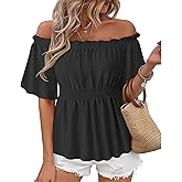 Bebonnie Women's Summer Sexy Off The Shoulder Peplum Tops Ruffle Sleeve Dressy Blouses