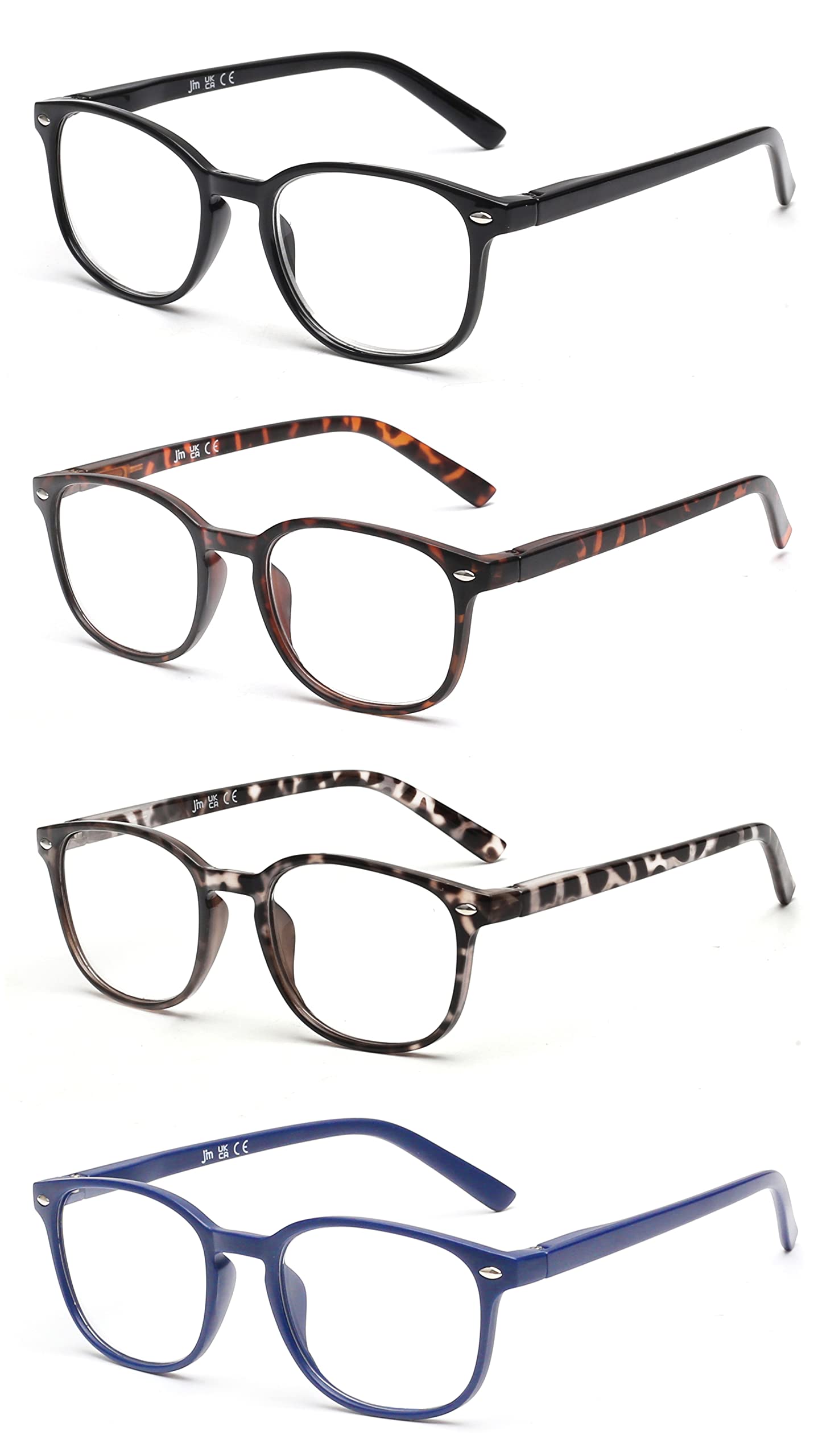 JM 4 Pack Square Reading Glasses, Spring Hinge Readers for Men Women, Mxied Color +2.5