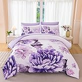 ZSYAYAHA King Size Bed in A Bag Set Purple Floral Comforter Sets for Women Soft Lightweight 7 Pieces Flower Bedding Set All Season(Purple, King)