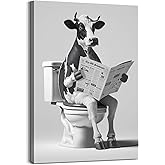 Funny Bathroom Canvas Wall Art: Animal Picture Decor Cute Cow on Toilet Print Black and White Bathroom Artwork Painting for Farmhouse Home Decoration