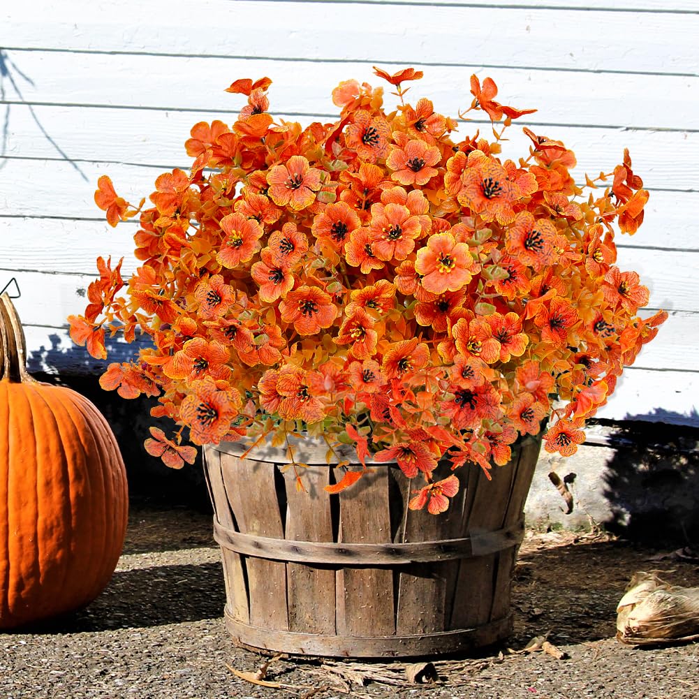 Photo 1 of 12 Pack Artificial Fall Flowers Orange Autumn Indoor Outdoor Floral Stems Faux Silk Violet Flower for Home Garden Porch Window Yard Wedding Thanksgiving Decoration Table Centerpiece Decor