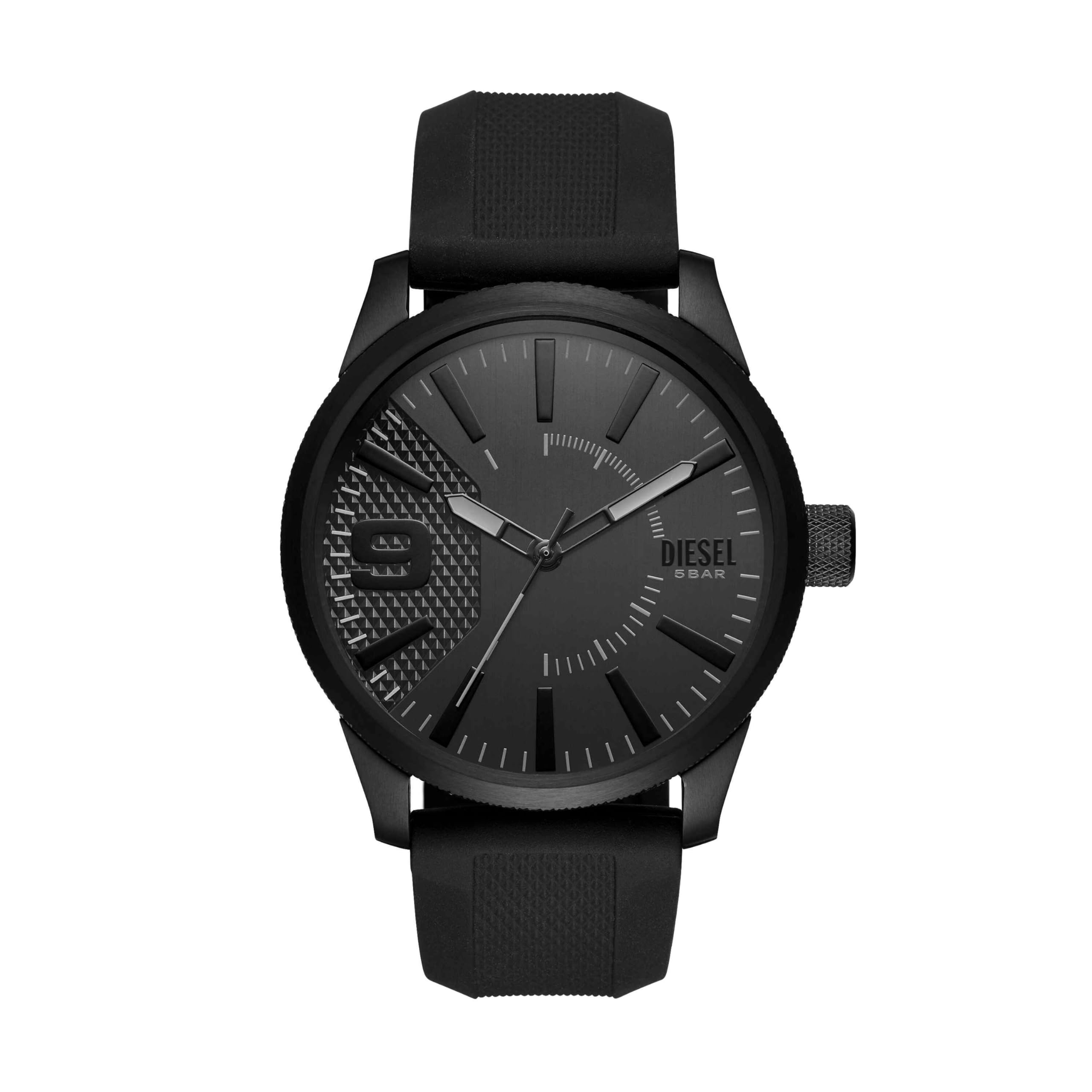 Diesel Rasp Reloj analógico de tres manecillas de acero inoxidable y silicona para hombre, color: negro (modelo: DZ1807)