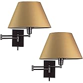 Kira Home Cambridge 15" Modern Swing Arm Wall Sconce + 3-Way Switch, 2-Pack | Golden Bronze Empire Fabric Shade, 2-in-1 Plug In or Hardwired Bedroom Wall Lamp, Black Finish