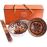Ceramic Rice Bowl with Chopsticks Set of 2, 4.5 Inch Bohemian Sauce Bowls | Porcelain Small Snack Bowls in Gifting Box, Microwave &amp; Dishwasher Safe, Vibrant Boho Tableware