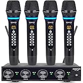 ZERFUN Rechargeable Wireless Microphone System 4 Channel Pro, UHF Metal Handheld Wireless Mics Cordless for Church Karaoke Singing with Echo Treble BASS VOL Channel Control(GT-200)