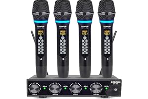 ZERFUN Wireless Microphone System 4 Channel Pro UHF Metal Handheld Wireless Church Karaoke Singing with Echo Treble BASS VOL 