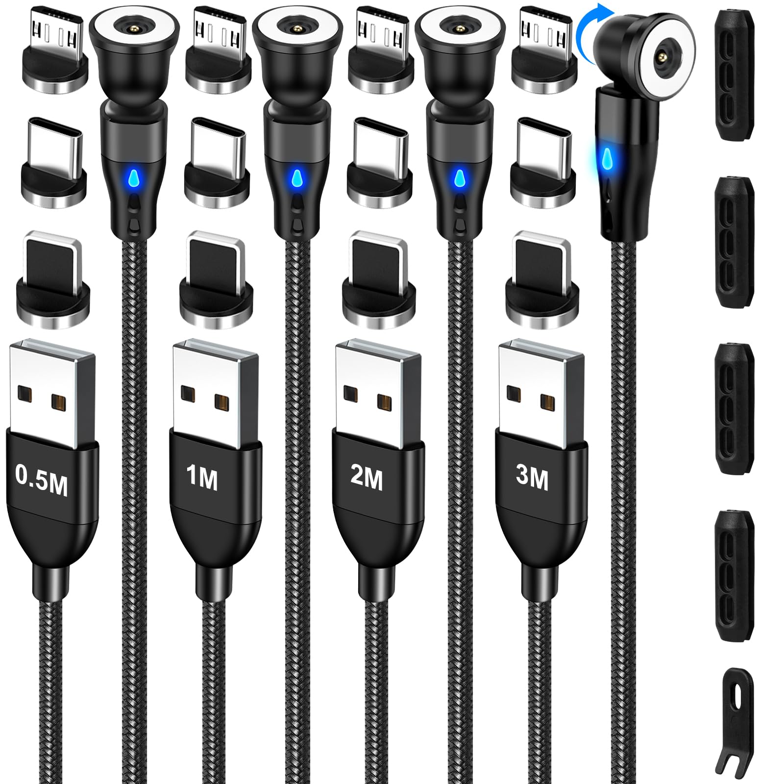 AXFEE Magnetic Charging Cable, 4Pack (1.6ft/3.3ft/6.6ft/9.8ft) 12W USB 540° Magnetic Charger Cable with 4 Organizers 1 Seesaw, 3-in-1 1Pin Magnetic Charger Cable for Type C/Micro USB/i-Products