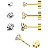 EQFE 14K Gold CZ Flat Back Earrings for Women Hypoallergenic Cartilage Cubic Zirconia Earrings Studs 20G Handmade Nap Screw Back Earrings for Helix Conch Multiple Piercing