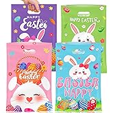 Litmitfu 50 Pcs Easter Gift Bags with Handles, Plastic Happy Bunny Goodie Bags Bulk, Cute Spring Treat Tote Goody Cookie Party Favor Bag for Easter Activity Party Favors Supplies Gifts, 4 Styles