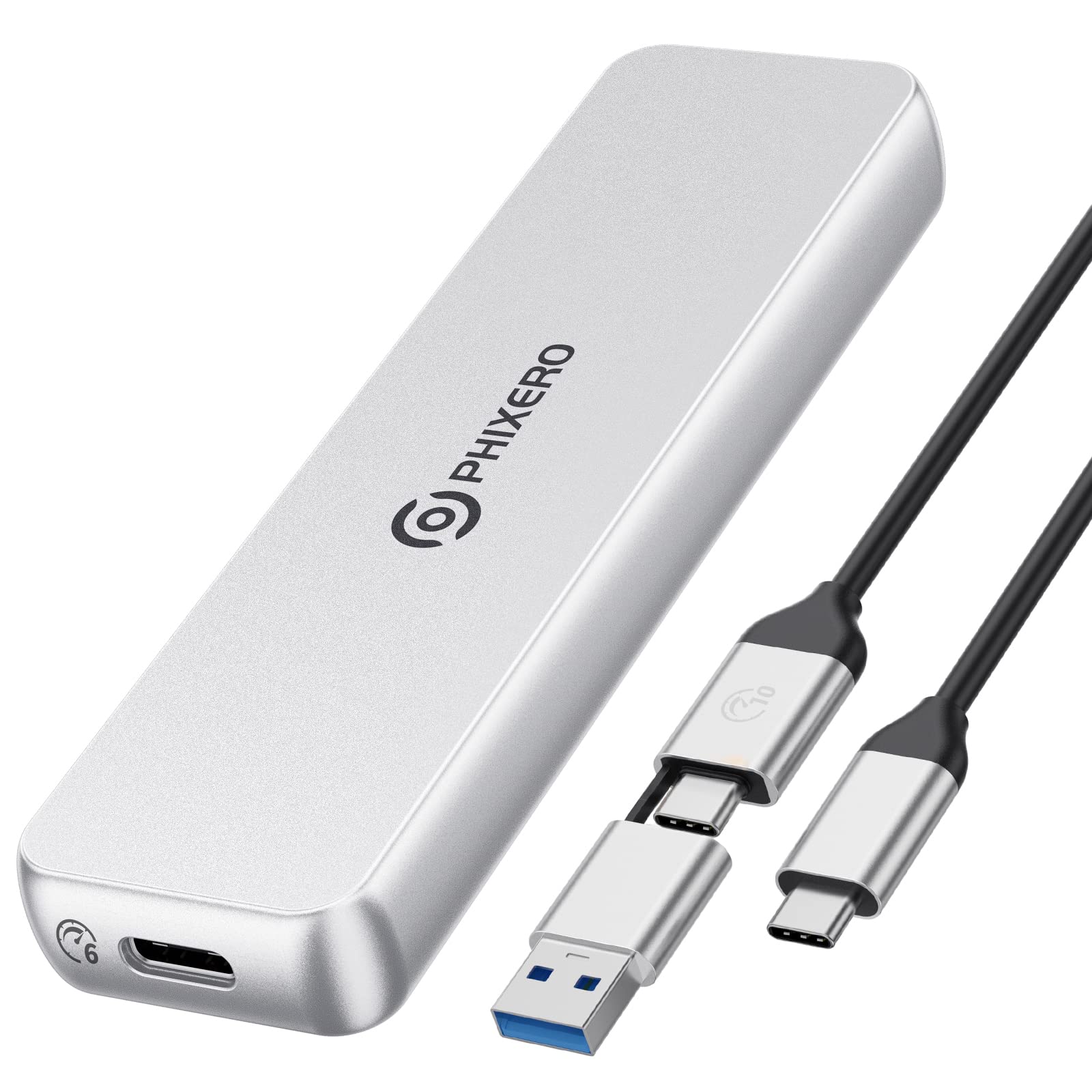 PHIXERO 6Gbps M.2 SATA SSD Enclosure Adapter, Triple Heat Dissipation M.2 NGFF Enclosure, USB 3.1 Gen2, Aluminum Case SSD Enclosure for B-Key B&M-Key SSD 2230/2242/2260/2280 (up to 4TB), Sliver