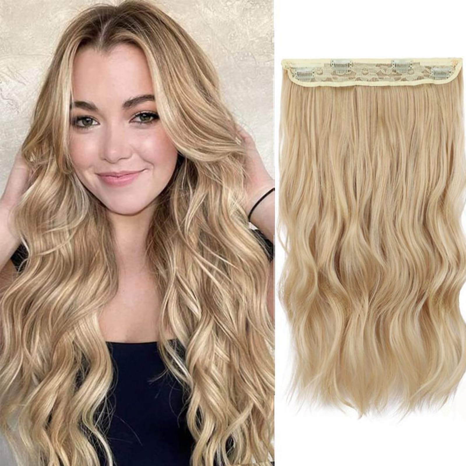 JSTHHTT Clip in Hair Extensions with Transparent Wire, 20 Inch Blonde Hair, Adjustable Size with 4 Secure Clips, Synthetic Long Wavy Hair Pieces, for Women Natural Wavy Hair Extension
