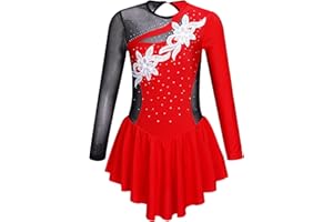 JanJean Kids Girls Long Sleeve Shiny Figure Ice Skating Dress Ballet Dance Gymnastics Leotard Dress