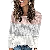 Leafsay Womens Color Block Tops Striped Lightweight Sweaters Long Sleeve Crewneck Shirts Casual Loose Fit Tunic