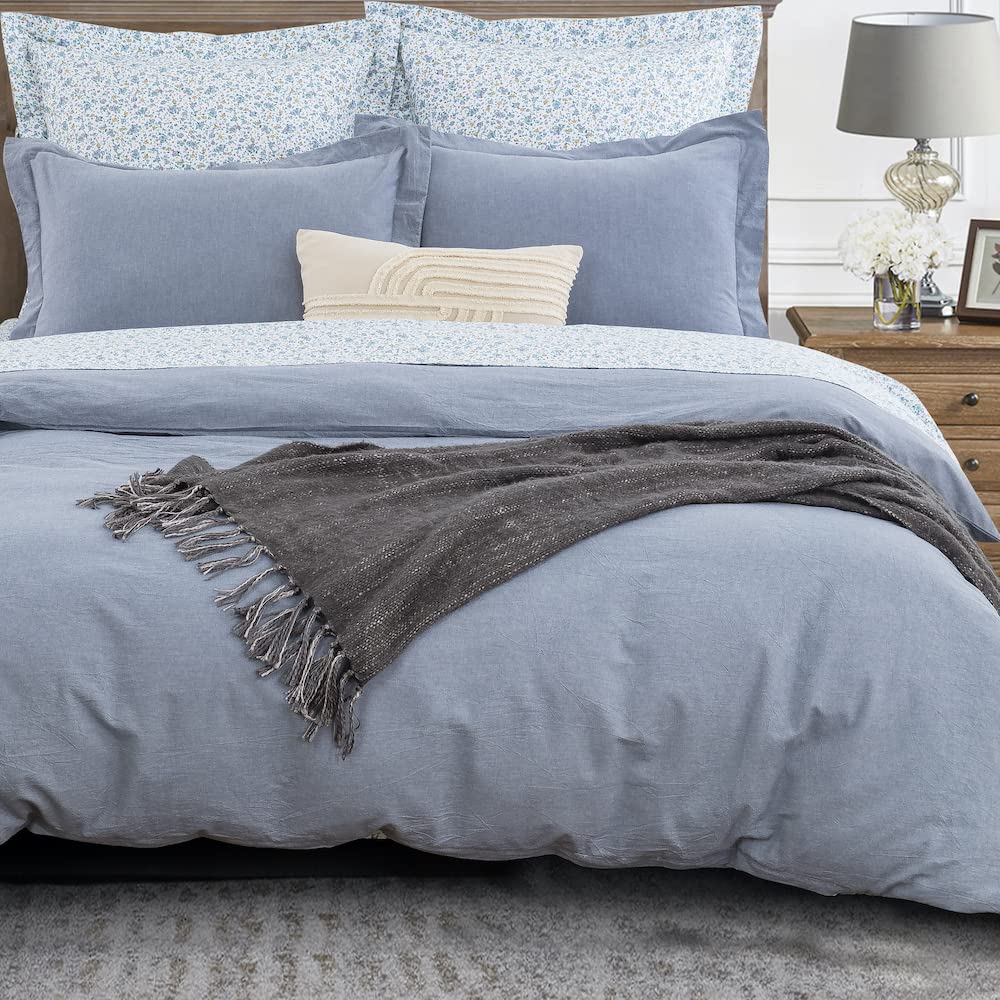 Photo 1 of DAUAOTO Duvet Cover Set (King 104"X90" Cover + 2 Pillowcases), Washed Cotton Bedding Zipper Closure, Dusty Blue