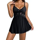Vicarly Sexy Ruffle Floral Lace Night Gown Babydoll Lingerie Dress One Piece