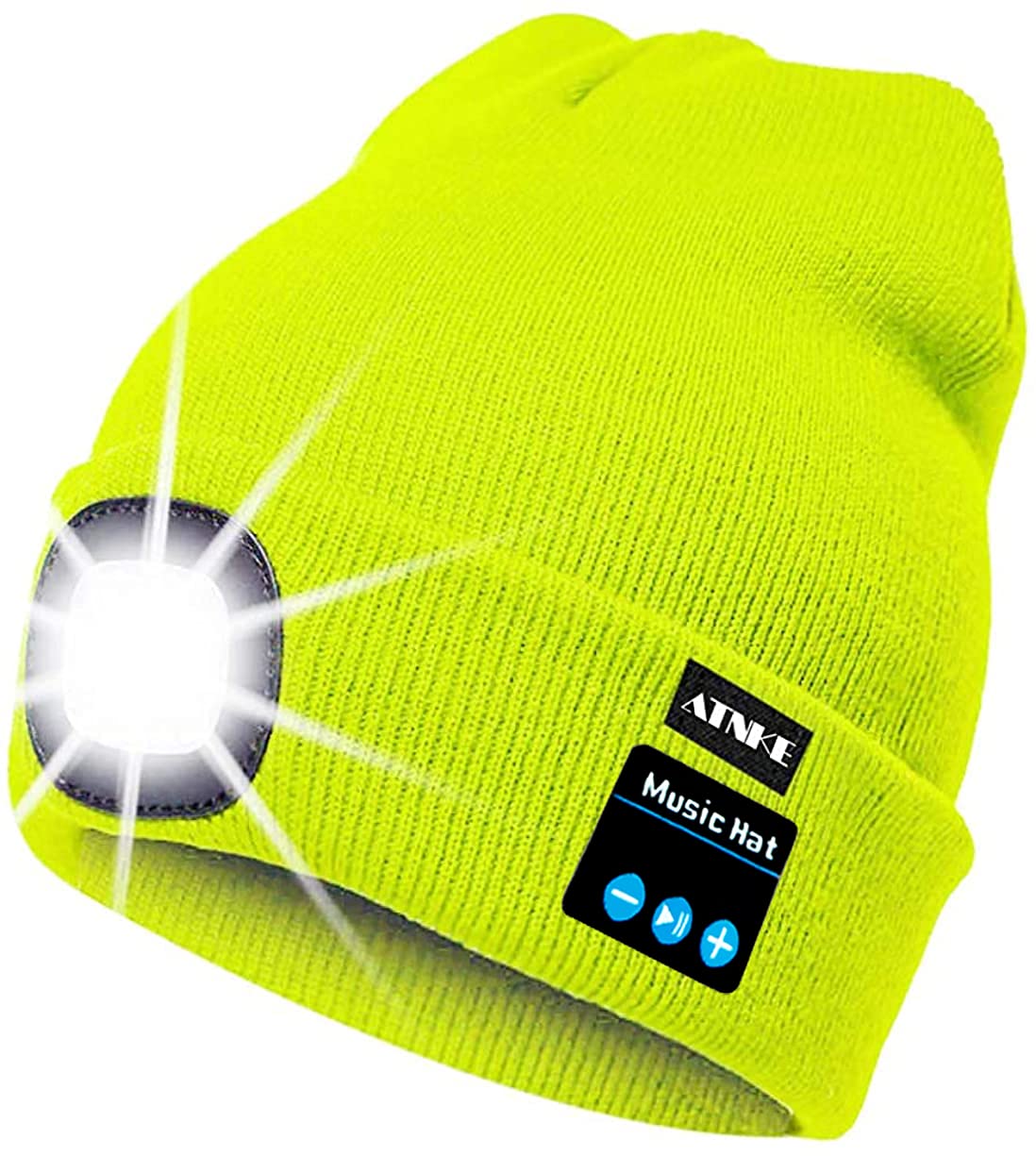 ATNKE LED Lighted Bluetooth Beanie Cap, USB Rechargeable Wireless Musical Running Hat Ultra Bright 4 LED Light Lamp Use for Skiing Hiking Camping Cycling/Fluorescent Yellow
