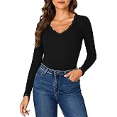 Vrtige Women's Casual Lace V Neck Long Sleeve Ribbed Fitted Blouse Shirt Top