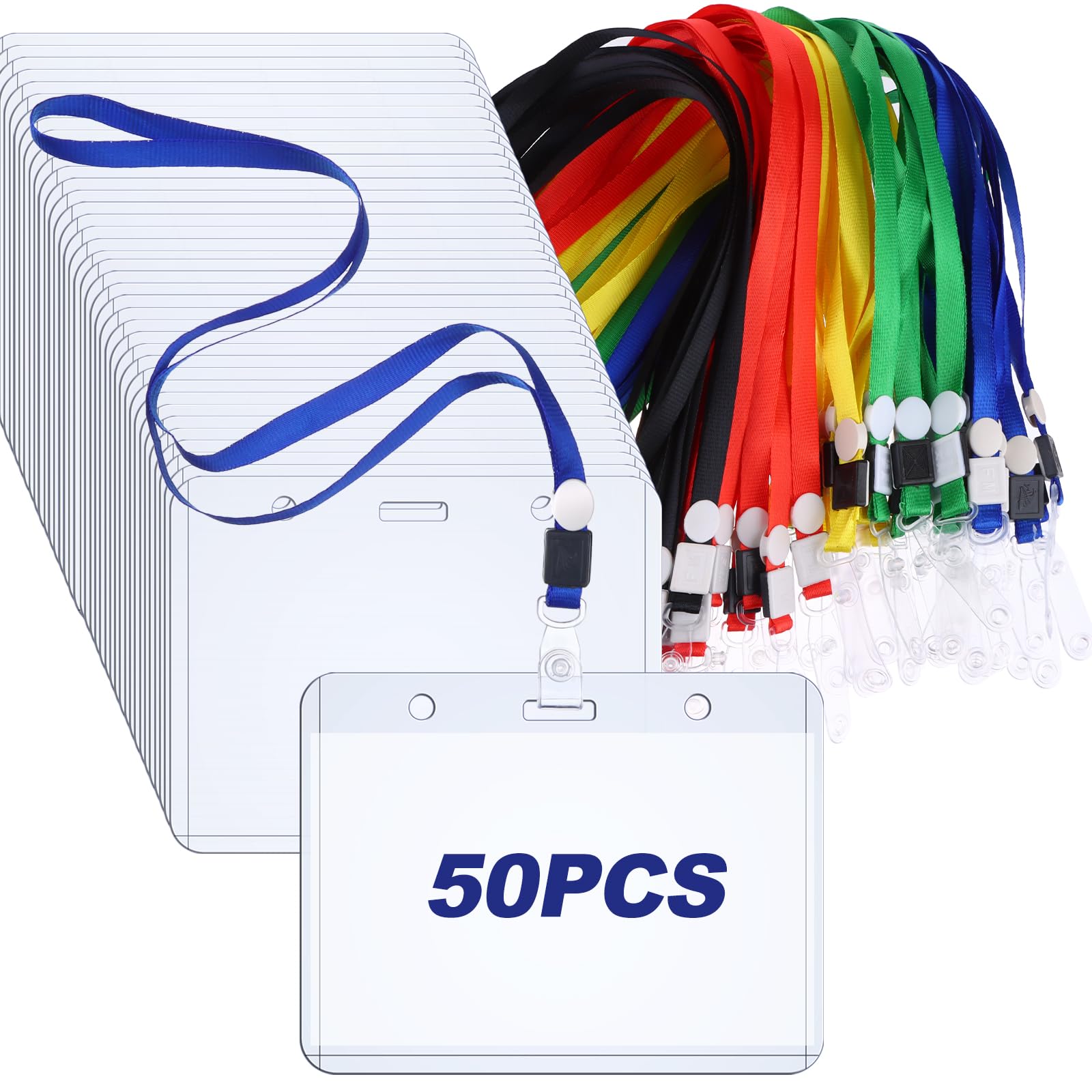 50 Clear ID Badge Holders with Neck Lanyard - Waterproof Plastic Card Holders for Work Badges & ID Cards