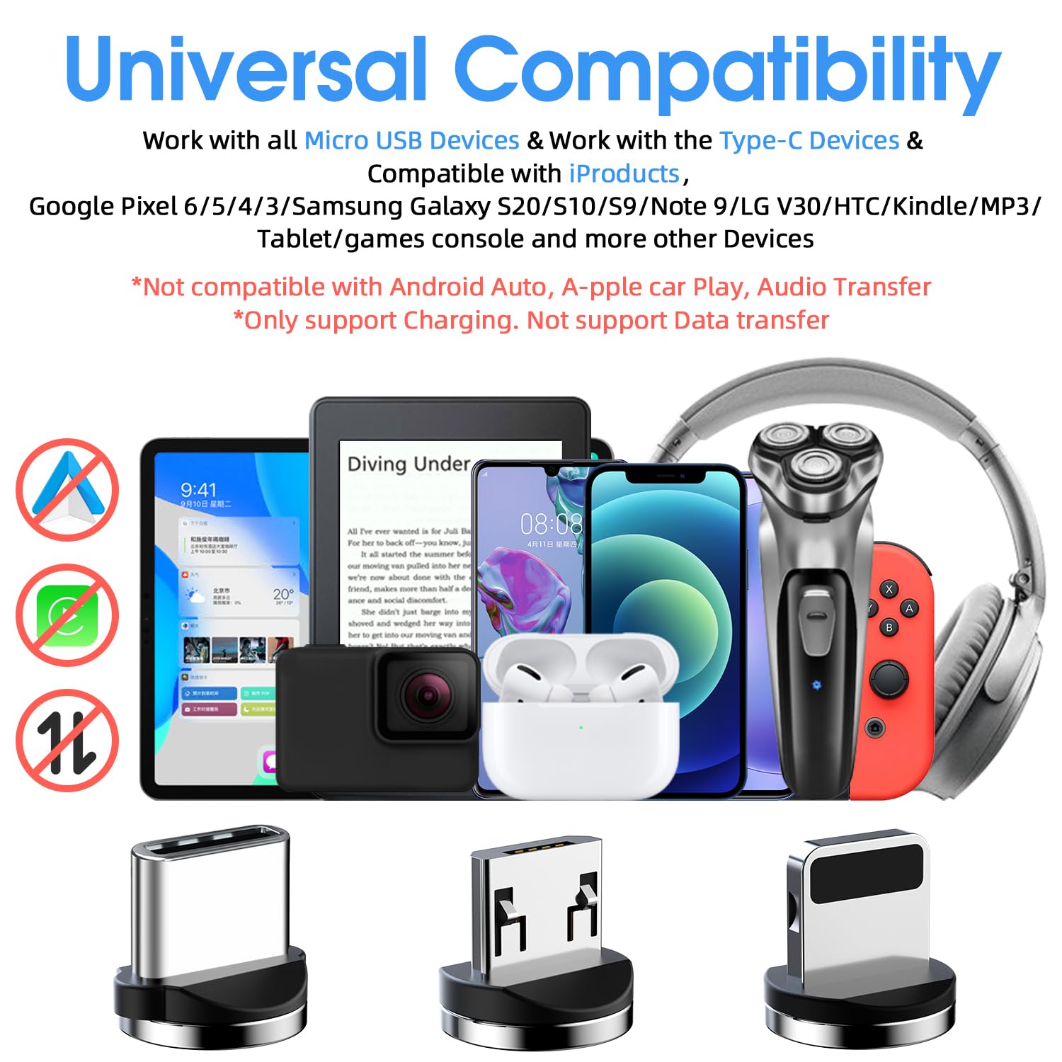 Magnetic Charging Cable, 540° Rotating Magnetic Phone Charger [6-Pack, 3ft/3ft/3ft/6ft/6ft/10ft] 3 in 1 Magnetic Charger Cable Nylon Braided Magnetic USB Cable for iProduct/Micro USB/Type C Device
