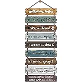 Collage Bathroom Rules Wall Hanging Sign with Jute - 9pcs Wooden Decor Wall Art Plaque for Toilet Restroom 30x11.2 Inches