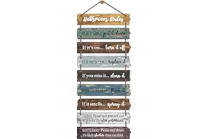 EXQUIDECA Collage Bathroom Rules Wall Hanging Sign with Jute - 9pcs Wooden Decor Wall Art Plaque for Toilet Restroom 30x11.2 Inches