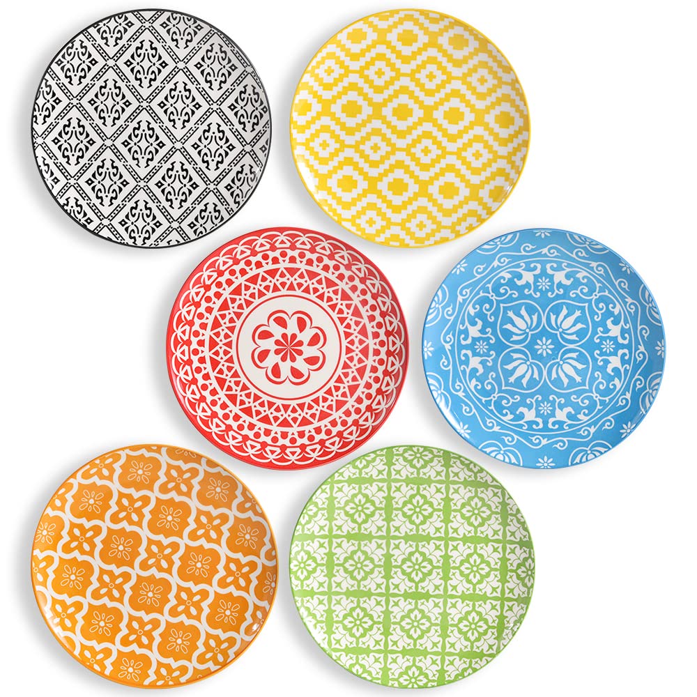 AHX Dinner Plates - Porcelain Dessert Plate - Set of 6 Multi-Coloured Salad Plates | Fruit | Appetizers | Breakfast - 8"