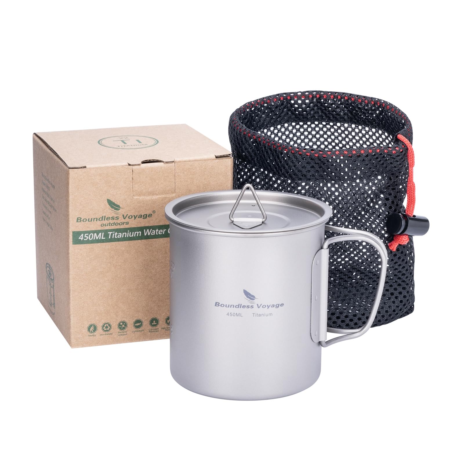 Boundless Voyage Titanium 450ml Cup with Lid Folding Handle Outdoor Camping Ultralight Water Tea Coffee Mug