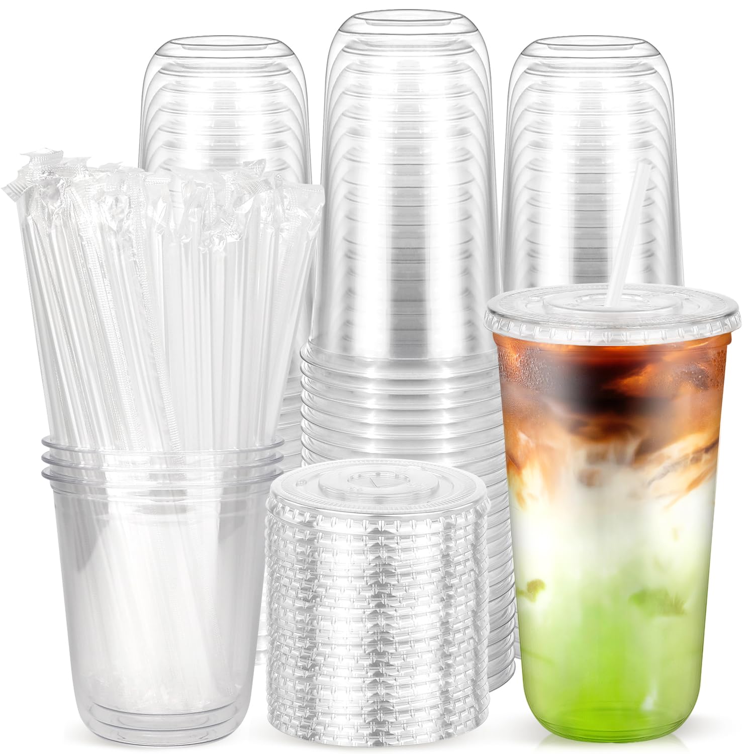 Photo 1 of 100PCS 20 oz Disposable Plastic Cups with Flat Lids and Clear Straws, Round Bottom To Go Iced Coffee Cups, BPA Free Holiday Cups for Smoothies, Cold Drinks, Coffee Shop, Juice Bars, Christmas Party