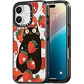 Bouvardia for iPhone 16 Case, Cute Design for Women & Girls, Protective & Aesthetic, Gray Bumper - Cat & Strawberries