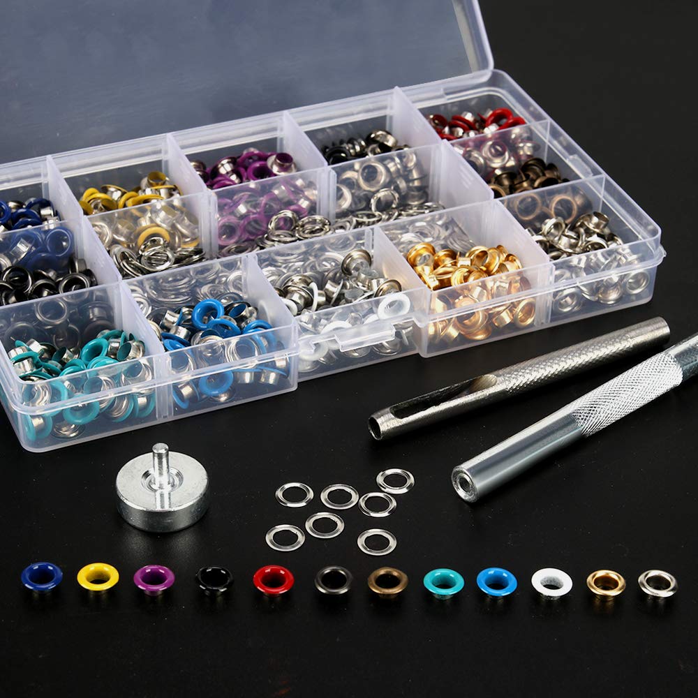 Metal Eyelets, 600Pcs 12 Colors 3/16 inch Metal Grommets Kit, Multi-Color Grommets Kit, Metal Eyelets Set with 3 Pieces Installation Tool and Storage Box for DIY Shoes Clothes Crafts Bag