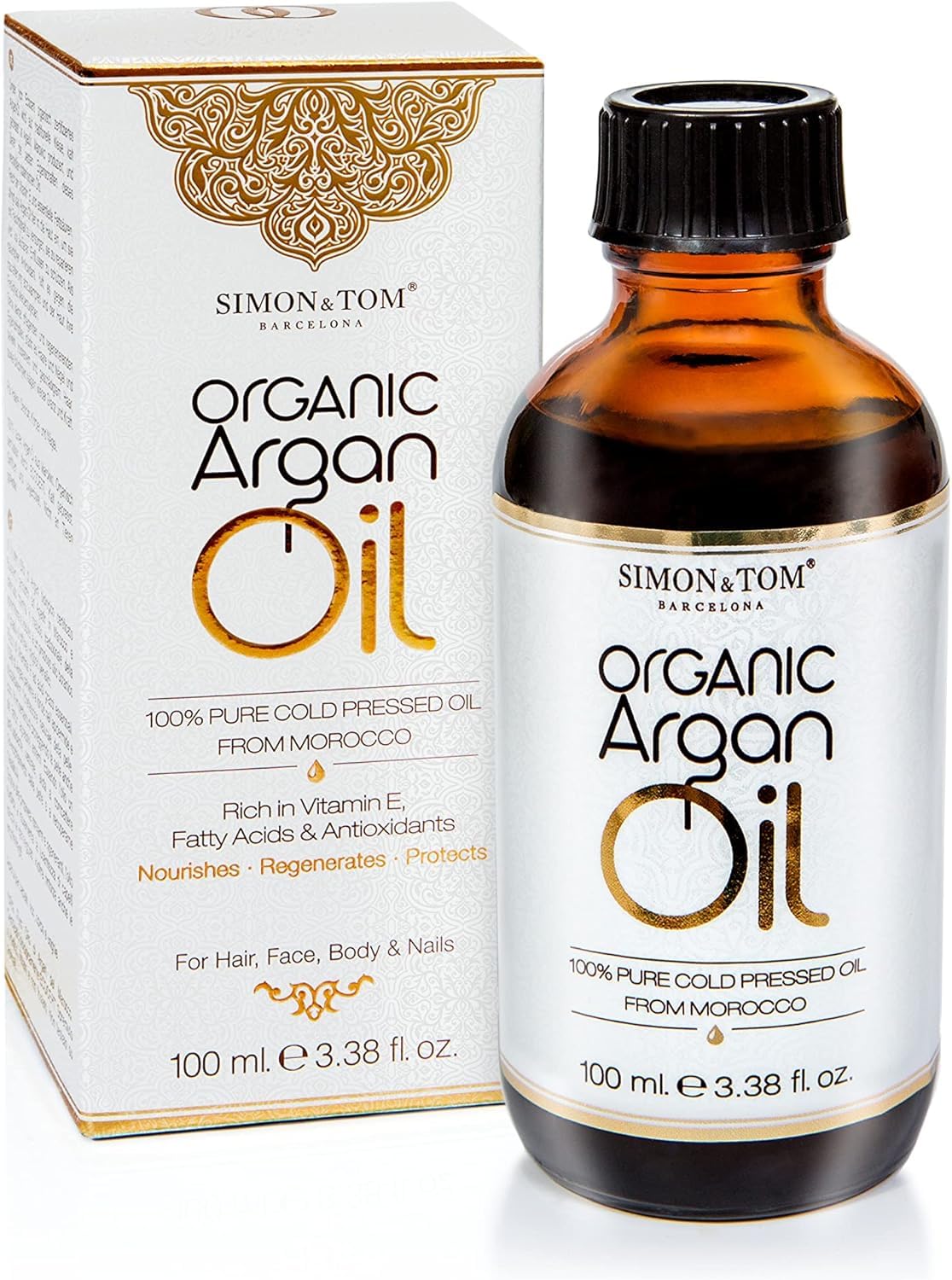 Simon&Tom Argan Oil - Pure Organic Argan Oil from Morocco - Body Moisturizer for Dry Skin Care - Suitable for Hair, Face, Nails and Cuticles with Vitamin E / 100ml - Made in Spain