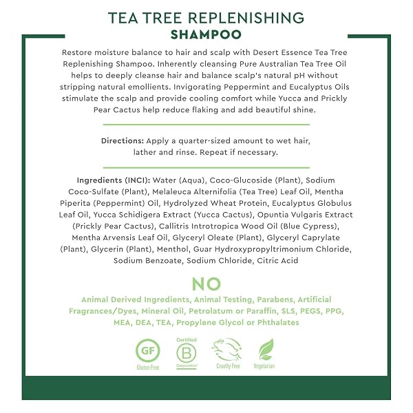 DESERT ESSENCE TEA TREE OIL REPLENISHING SHAMPOO, 12.7 FL OZ, GLUTEN FREE, VEGETARIAN, NON-GMO, PARABEN FREE – MOISTURE REPLENISHING SHAMPOO WITH PEPPERMINT & EUCALYPTUS OILS TO DEEPLY CLEANSE HAIR