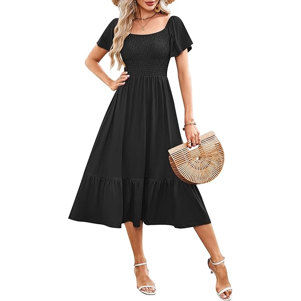 AUSELILY Women's Summer Empire Waist Dress Smocked Flutter Short Sleeve V  Neck Midi Dresses 2026 New Black S at Amazon Women's Clothing store