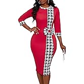 HipGlamp Formal Dresses for Women 3/4 Sleeve Casual Round Neck Fitted Waist Business Pencil Dress