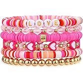sagrence Beaded Heishi Stackable Stretch Bracelet with Love Heart Charm Valentine's Day Holiday Jewelry Gift for Women