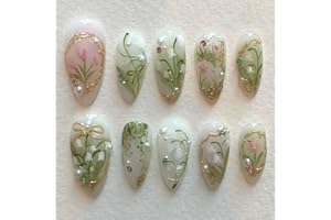 WBRRFJJ 24Pcs Flower Press on Nails Medium Almond Fake Nails Green Leaf with White Flower Design Gilding Full Cover Artificial Glue on Nails Handmade False Nails Spring Summer Stick on Nails for Women DIY