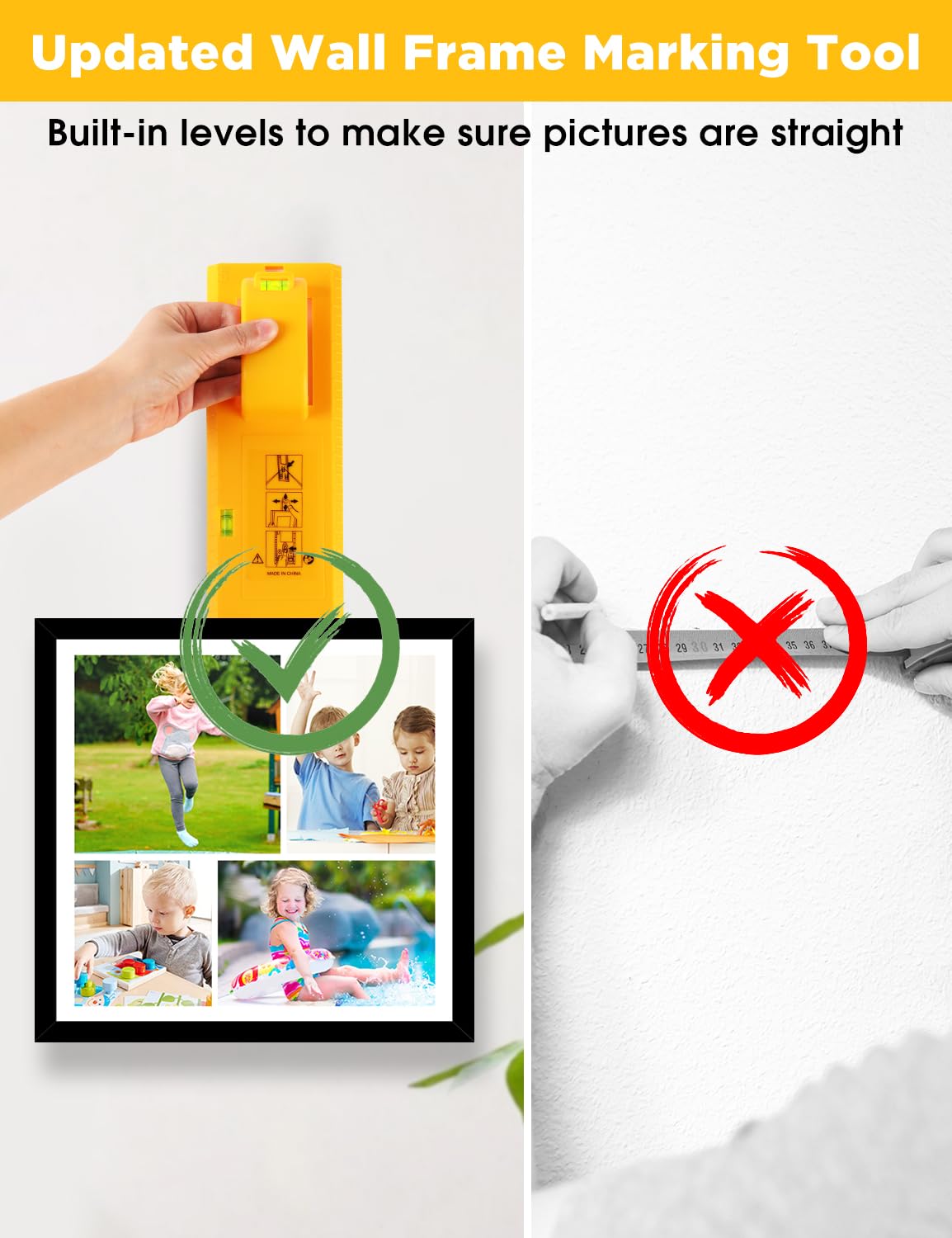 Stalishare Picture Hanging Tool with Level, Goodsnova Photo Frame Hanging Tool for Easy Marking Position, Wall Hanger Helper Guide for Photo/ Art/ Painting Frame (Plastic, Yellow)