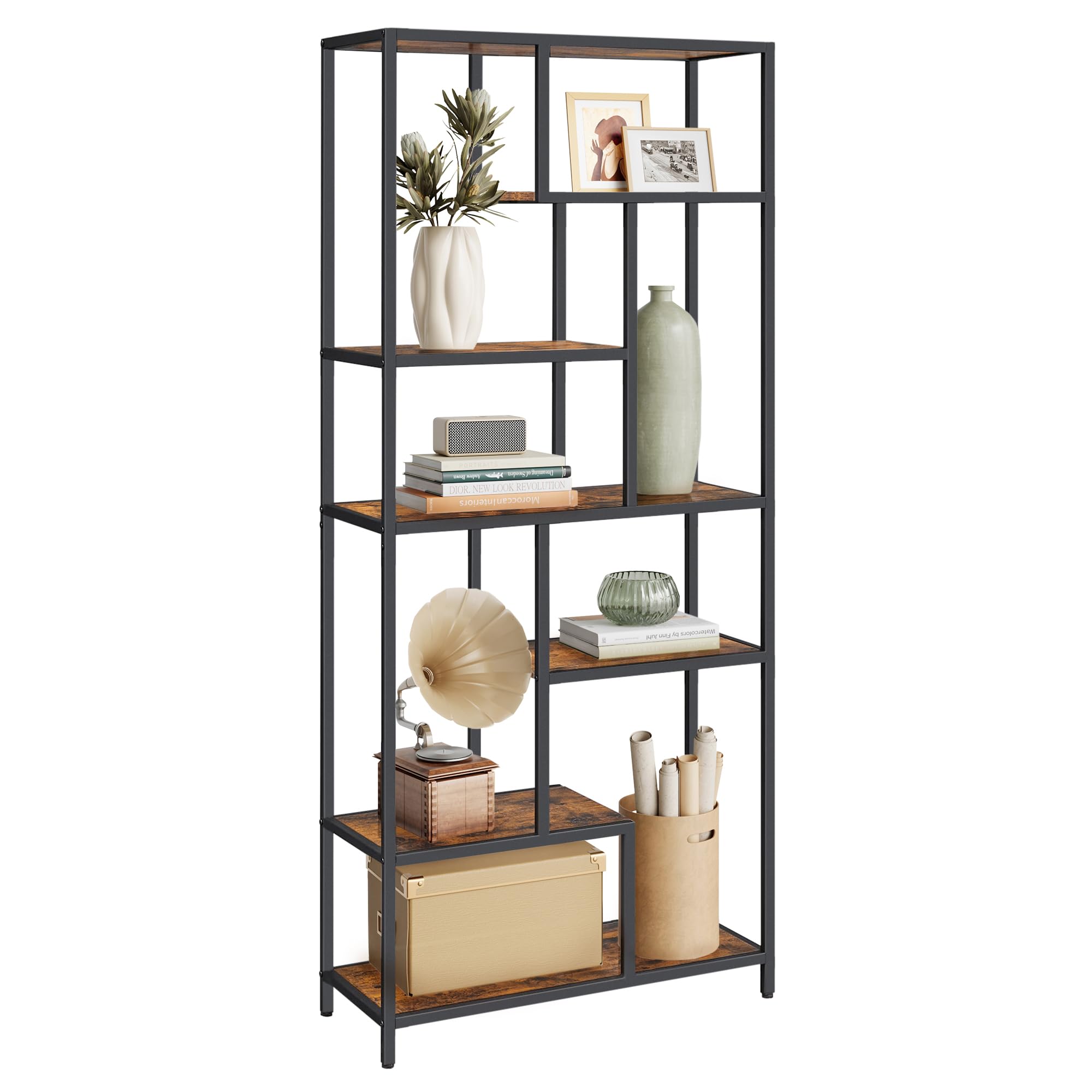 VASAGLE Bookshelf, 6-Tier Tall Bookcase, Display Shelf, Plant Stand, 11.8 x 31.5 x 70.9 Inches, Particleboard, for Study, Office, Living Room, Bedroom, Kitchen, Rustic Brown and Black ULLS119B01
