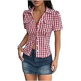 Floerns Women's Summer Blouse Tops Plaid Short Sleeve Button Up Vintage Shirt