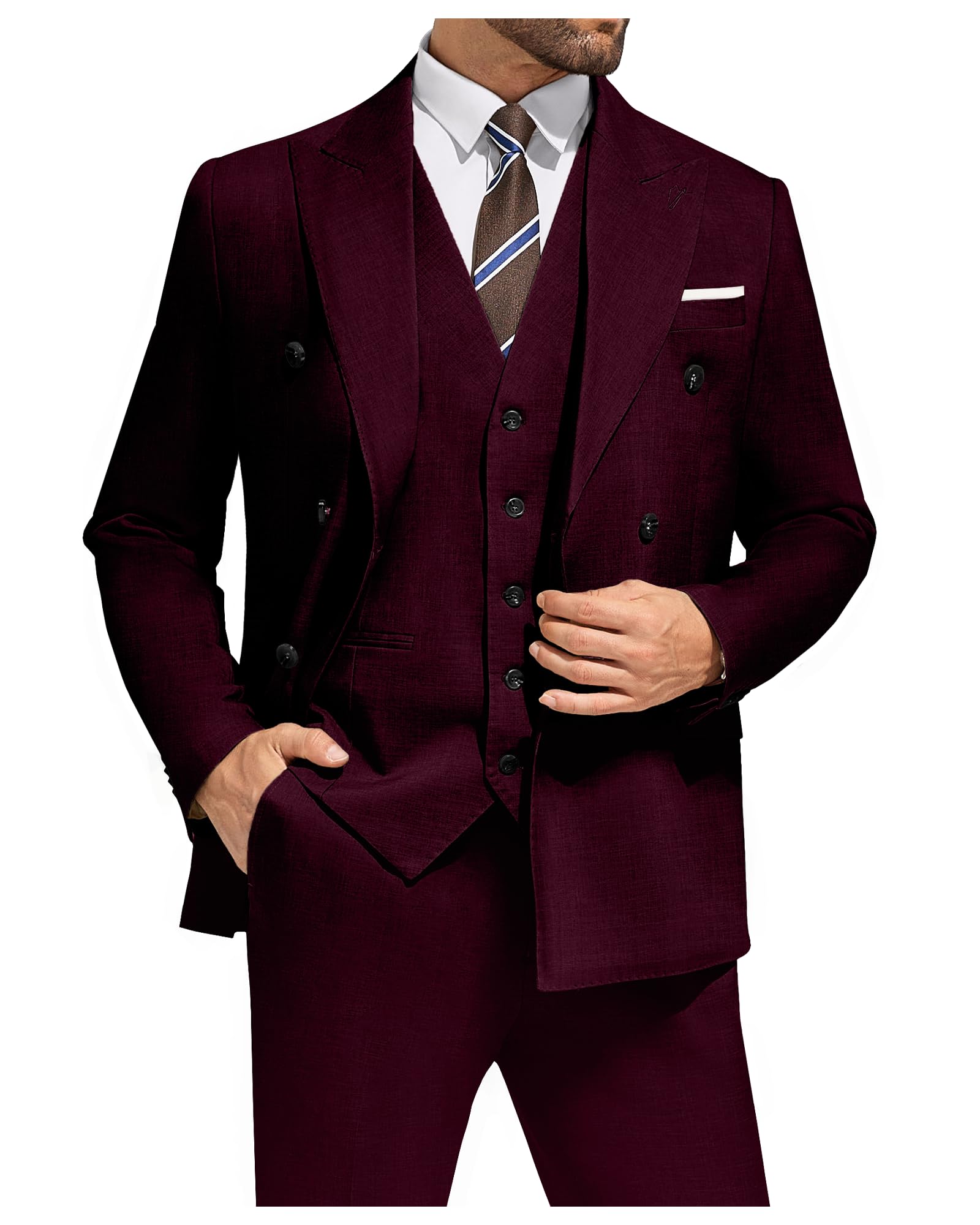 Photo 1 of 3 Pieces Double Breasted Suit Men Slim Fit Burgundy Suit for Men Mens Double Breasted Blazer Pant Set Wedding Party Set M