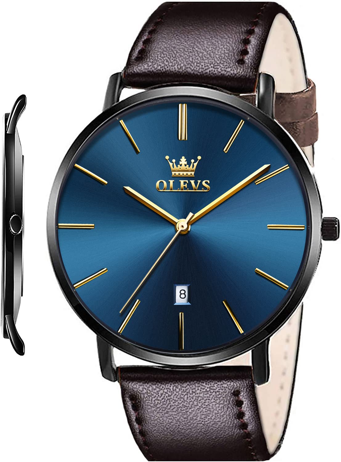 OLEVS Mens Wrist Watches Ultra Thin 6.5mm Minimalist Leather Blue Dial Watch Business Dress Waterproof Date Slim Watches for Men — image 1