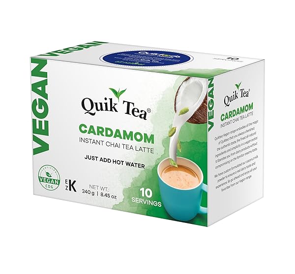 QUIKTEA VEGAN CARDAMOM INSTANT CHAI TEA LATTE – 10 COUNT SINGLE BOX – CONVENIENT, EASY AYURVEDIC DAIRY FREE ALTERNATIVE – ALL NATURAL NON GMO SUPERFOOD