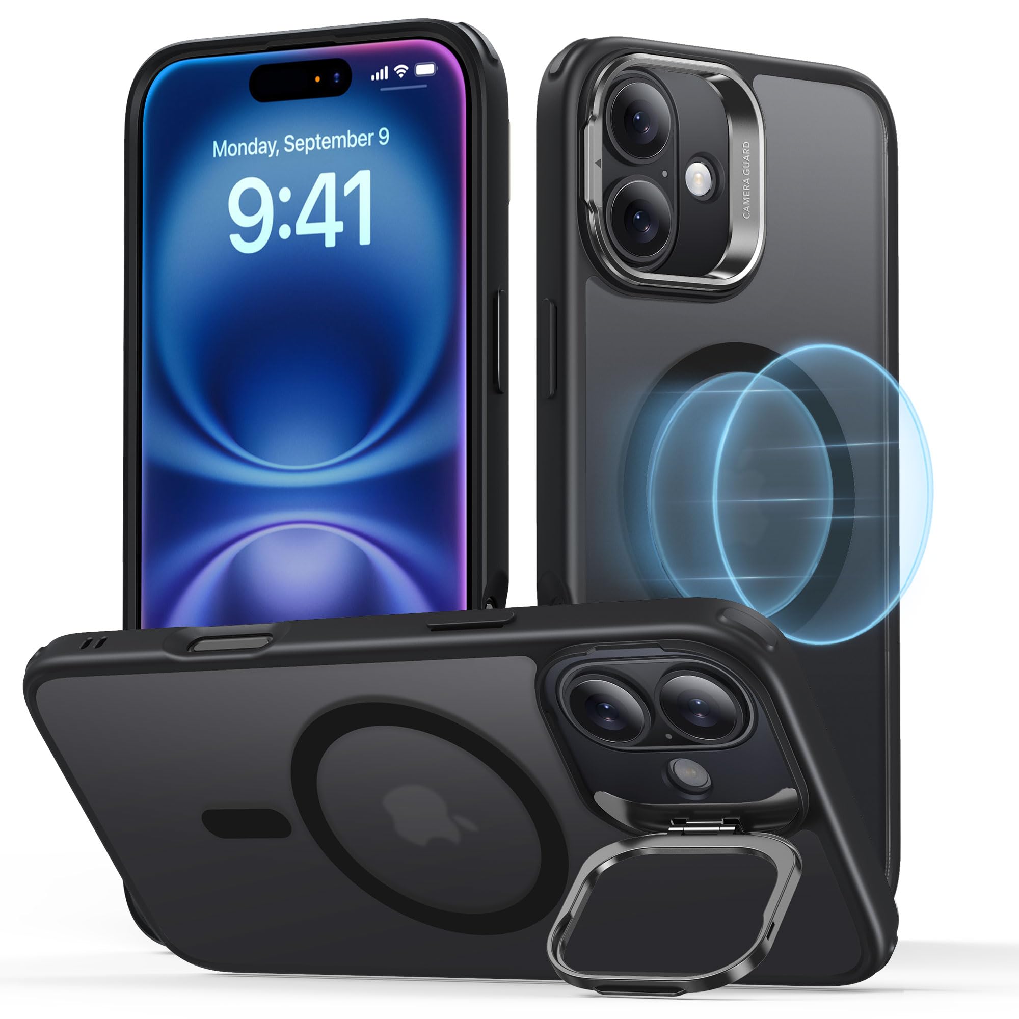 ESR for iPhone 16 Case, Compatible with MagSafe, Military-Grade Protective Case, Built-In Stash Stand Phone Case, Scratch-Resistant Back Cover, Classic Series, Frosted Black — image 1